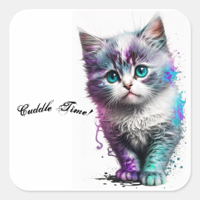 Cuddly Blue-Eyed Kitten Sticker, Watercolor Art, Square Sticker (Front)