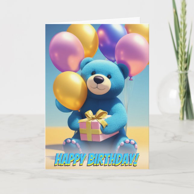 Cuddly Blue Teddy Bear Party Balloons Birthday Card (Front)