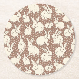 Cuddly Bunny Rabbits Bonanza - Mocha Mousse.   Round Paper Coaster