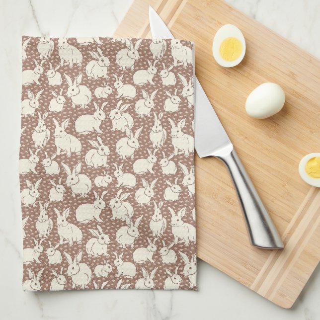 Cuddly Bunny Rabbits Bonanza - Mocha Mousse.    Tea Towel (Quarter Fold)