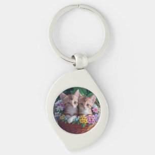 Cuddly Cute Kittens in a Flower Basket Key Ring