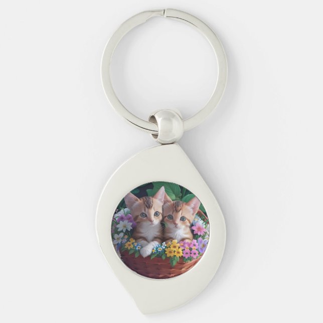 Cuddly Cute Kittens in a Flower Basket Key Ring (Front)