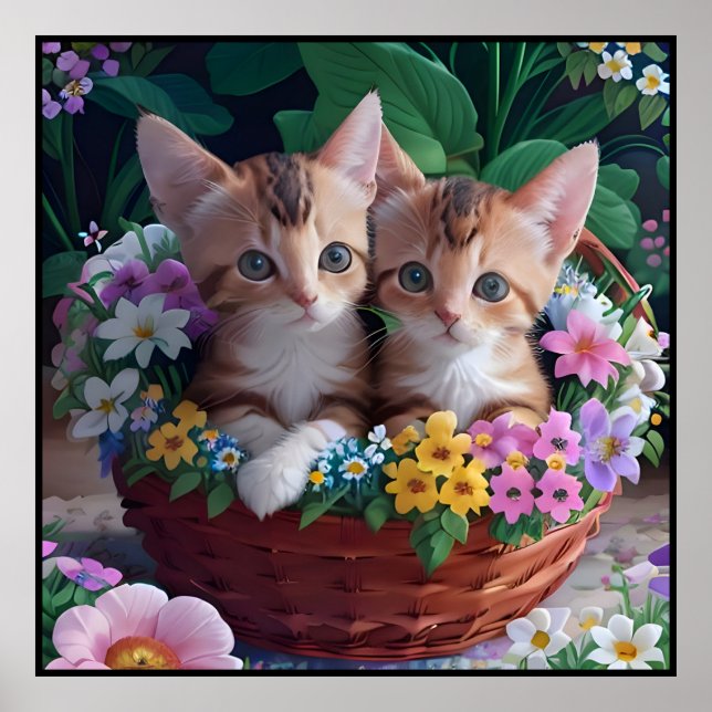 Cuddly Cute Kittens in a Flower Basket Poster (Front)