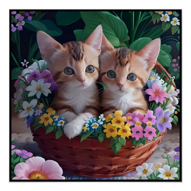 Cuddly Cute Kittens in a Flower Basket Poster (Front)