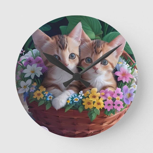 Cuddly Cute Kittens in a Flower Basket Round Clock (Front)