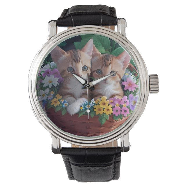 Cuddly Cute Kittens in a Flower Basket Watch (Front)