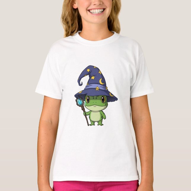 Cuddly Frog Wizard with Magic Staff Kids T-Shirt (Front)