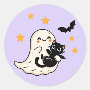 Cuddly Ghost & Black Cat – Halloween Classic Round Sticker
