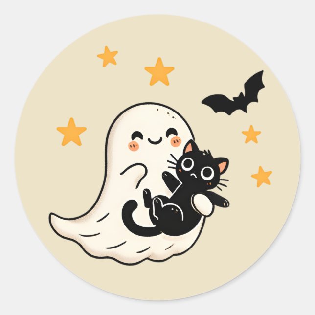 Cuddly Ghost & Black Cat – Halloween Classic Round Sticker (Front)