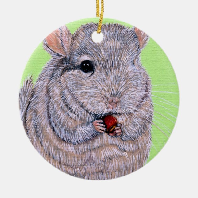 Cuddly Nibbling Chinchilla Painting Ceramic Tree Decoration (Front)