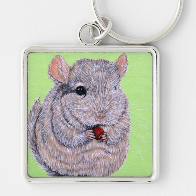 Cuddly Nibbling Chinchilla Painting Keychain (Front)