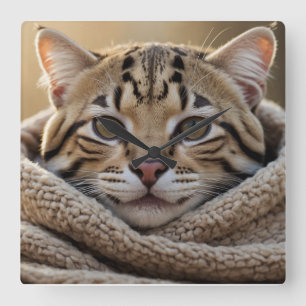 Cuddly Ocelot Cat and Blanket Square Wall Clock
