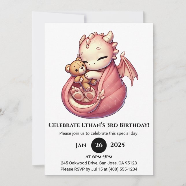 Cuddly Pink Dragon Birthday Invitation (Front)