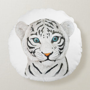 Cuddly White Tiger Art - Cute Wildlife Art Round Cushion