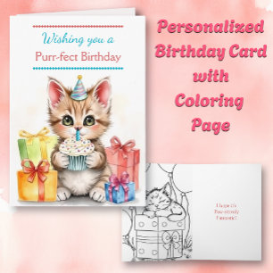 Cue Birthday Cat Inside Coloring Page Card