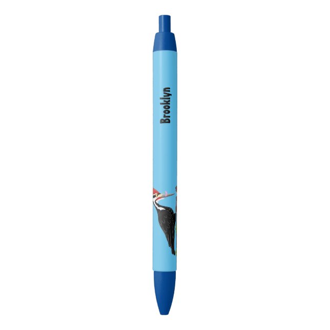 Cue funny Pileated woodpecker cartoon illustration Black Ink Pen (Front Vertical)