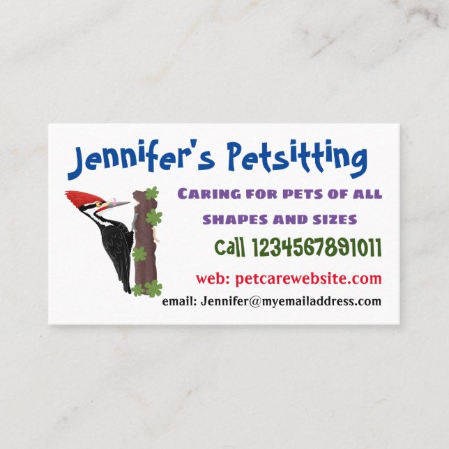 Cue funny Pileated woodpecker cartoon illustration Business Card (Front)