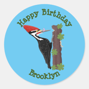 Cue funny Pileated woodpecker cartoon illustration Classic Round Sticker