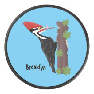 Cue funny Pileated woodpecker cartoon illustration Hockey Puck