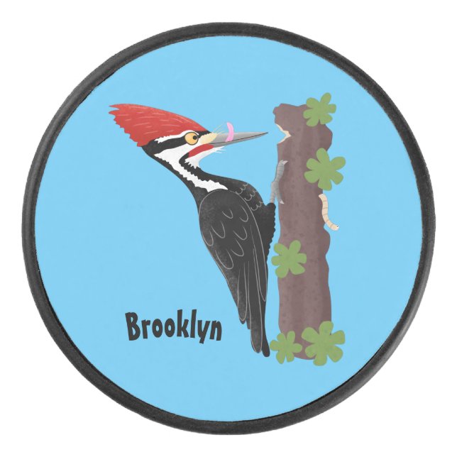 Cue funny Pileated woodpecker cartoon illustration Hockey Puck (Front)