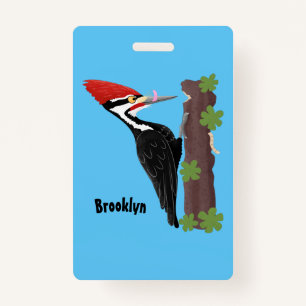Cue funny Pileated woodpecker cartoon illustration ID Badge