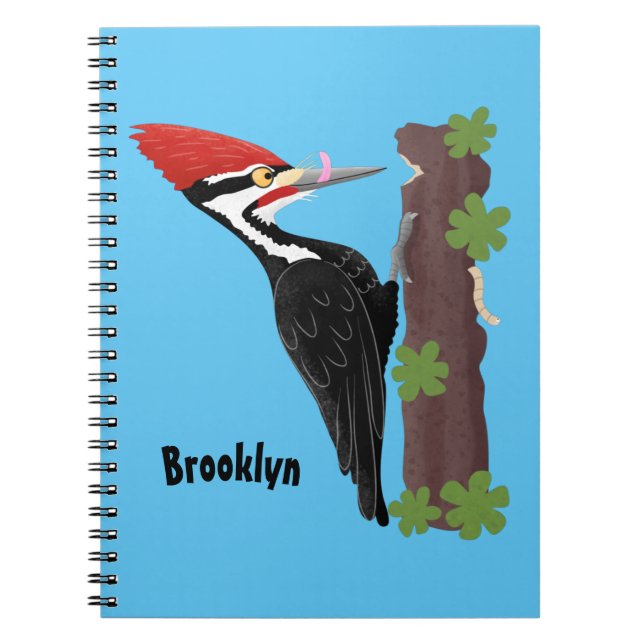 Cue funny Pileated woodpecker cartoon illustration Notebook (Front)
