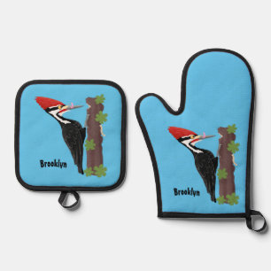 Cue funny Pileated woodpecker cartoon illustration Oven Mitt & Pot Holder Set