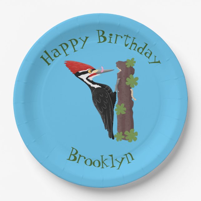 Cue funny Pileated woodpecker cartoon illustration Paper Plate (Front)