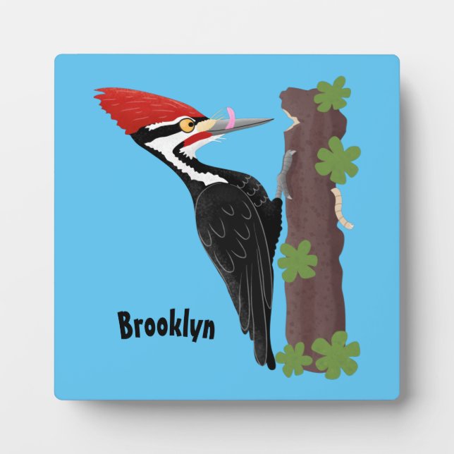 Cue funny Pileated woodpecker cartoon illustration Plaque (Front)