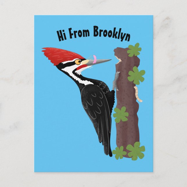 Cue funny Pileated woodpecker cartoon illustration Postcard (Front)