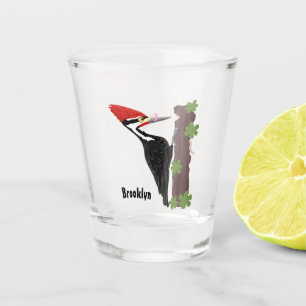 Cue funny Pileated woodpecker cartoon illustration Shot Glass