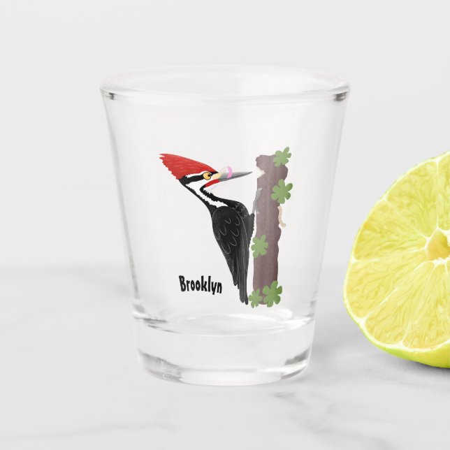 Cue funny Pileated woodpecker cartoon illustration Shot Glass (Front)