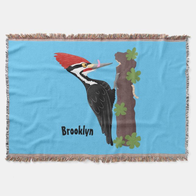 Cue funny Pileated woodpecker cartoon illustration Throw Blanket (Front)