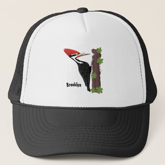 Cue funny Pileated woodpecker cartoon illustration Trucker Hat (Front)