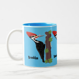 Cue funny Pileated woodpecker cartoon illustration Two-Tone Coffee Mug