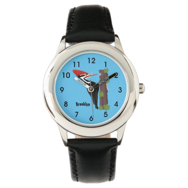 Cue funny Pileated woodpecker cartoon illustration Watch (Front)
