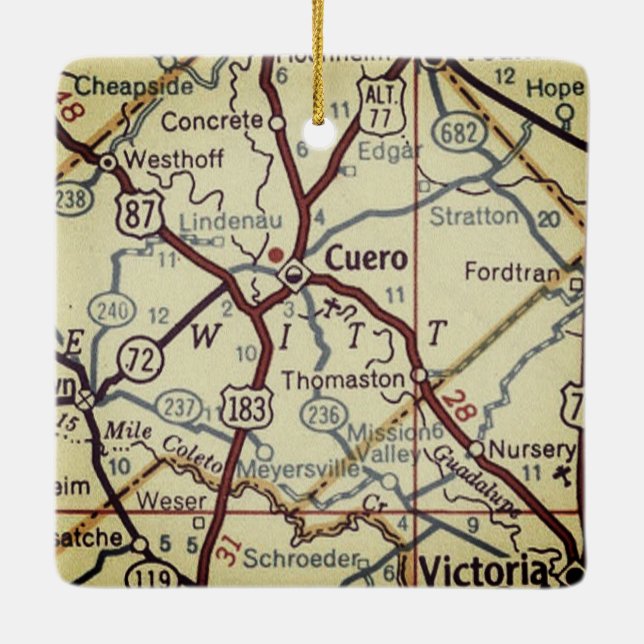 Cuero TX Vintage Map Ceramic Ornament (Back)