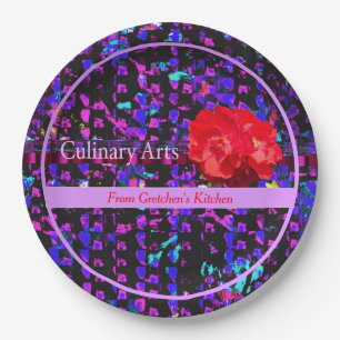 Culinary Arts Purples Abstract Pattern w/Red Rose Paper Plate