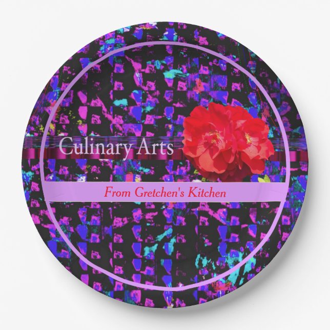 Culinary Arts Purples Abstract Pattern w/Red Rose  Paper Plate (Front)