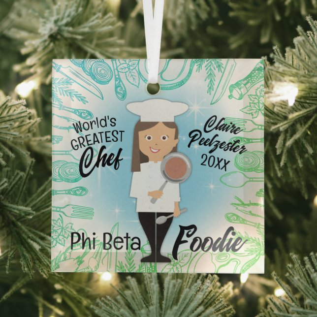 Culinary graduate brunette woman chef Christmas Glass Tree Decoration (Insitu)
