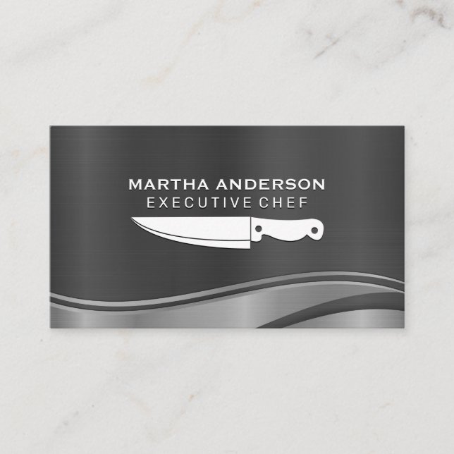 Culinary Knife | Metallic Brushed Wave Background Business Card (Front)