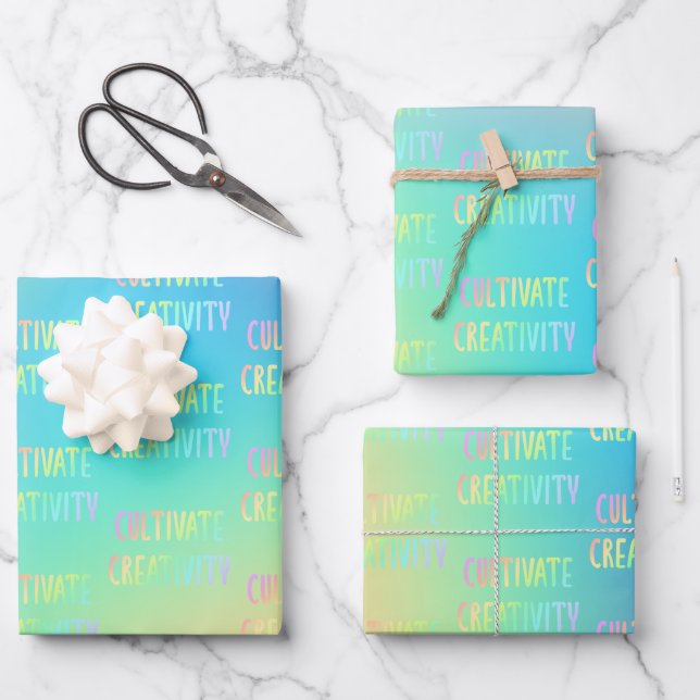 "Cultivate Creativity" Prismatic Pastel Gradient Wrapping Paper Sheet (Front)