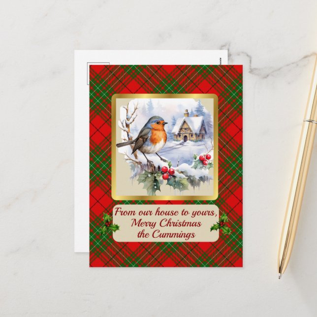 Cumming Tartan w/Robin Personalised   Holiday Postcard (Front/Back In Situ)