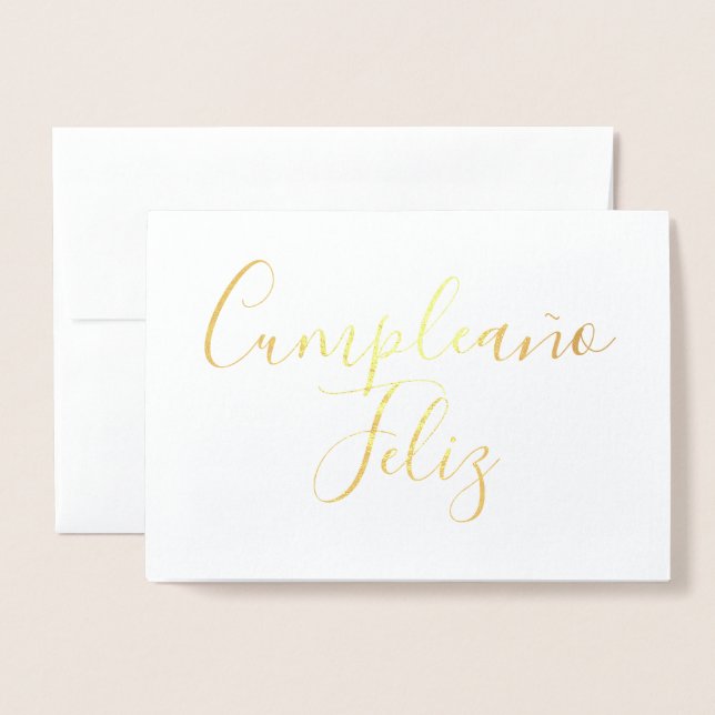 Cumpleaño Feliz simple calligraphy Gold Foil Card (Front With Envelope)