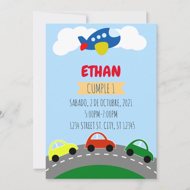 CUMPLEANOS DE NINO TRANSPORTACION, CARRITOS INVITATION (Front)