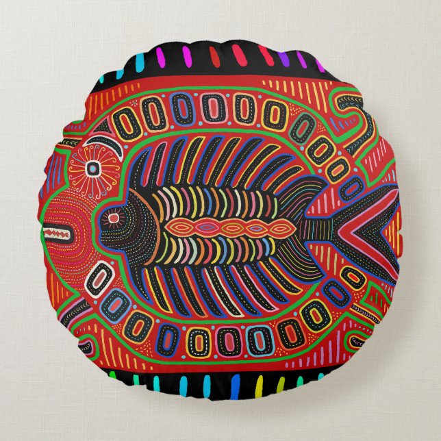 Cuna Indian Mola Flying Fish Round Cushion (Front)