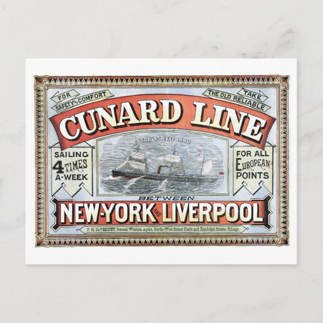 Cunard Line New York Liverpool 1875 Postcard (Front)