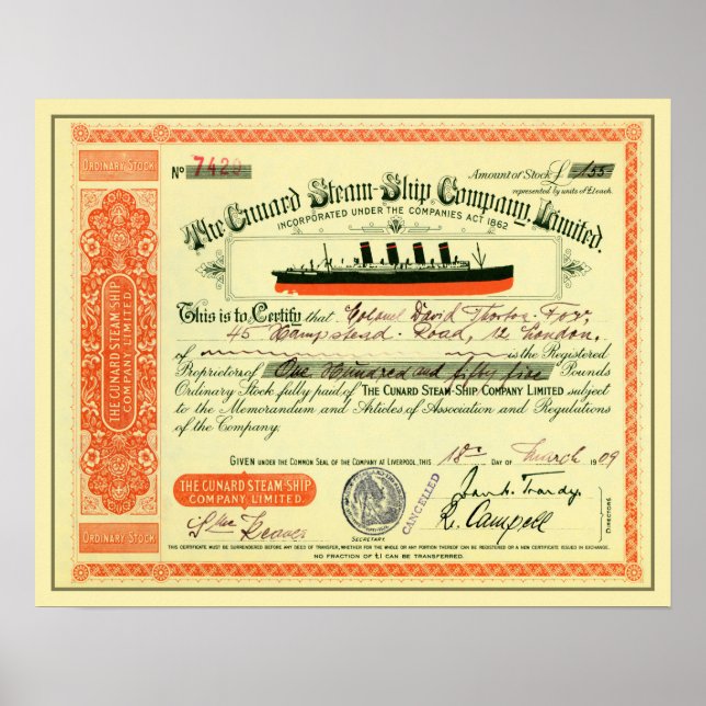 Cunard Steam-Ship Company 1909 Stock Certificate Poster (Front)