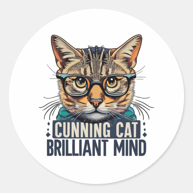 Cunning Cat Brilliant Mind cat with glasses Classic Round Sticker (Front)