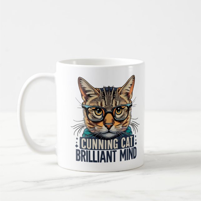 Cunning Cat Brilliant Mind cat with glasses Coffee Mug (Left)